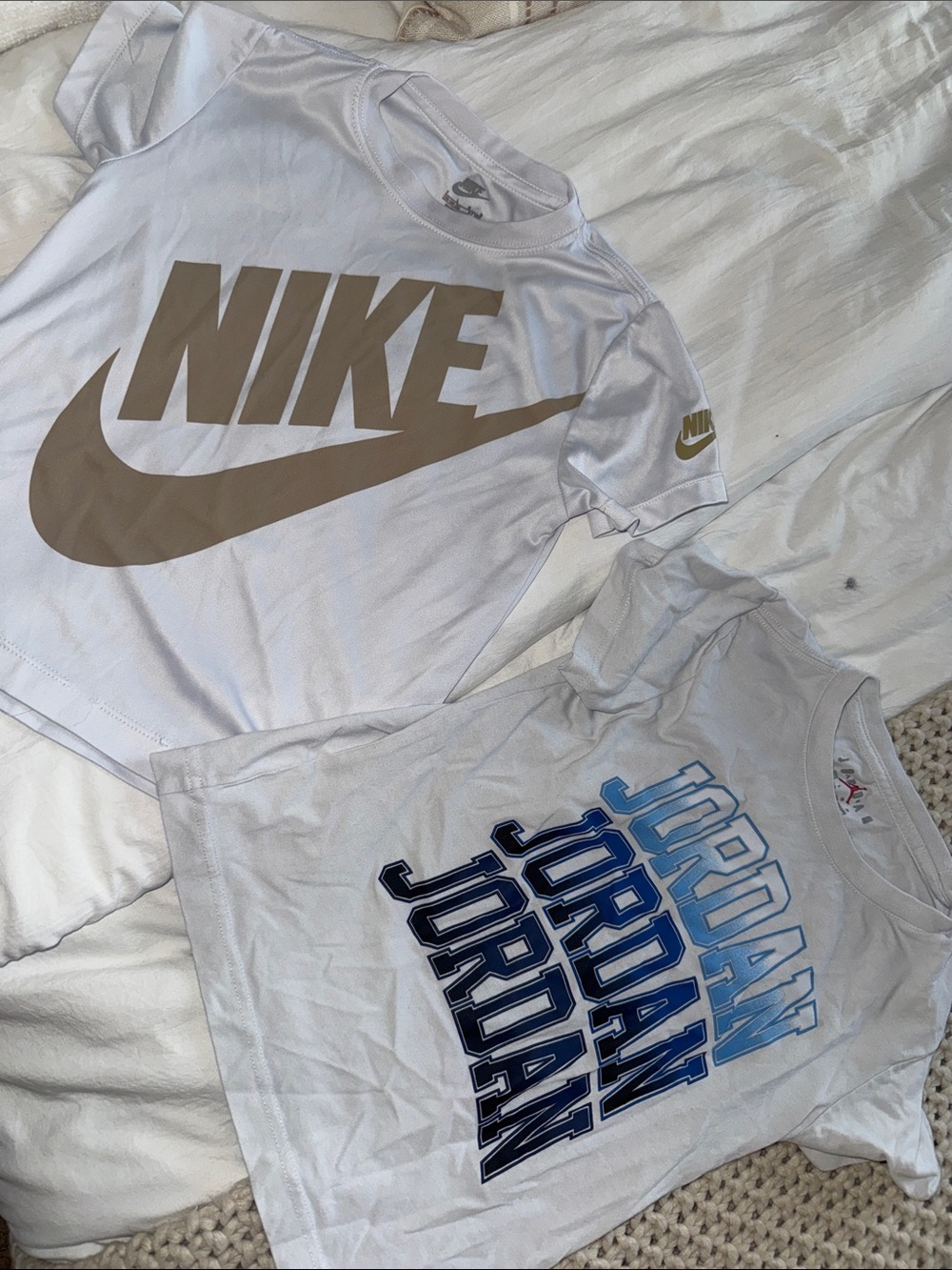 Nike White Tee with Gold Swoosh & Jordan White Tee with Blue Fade Logos